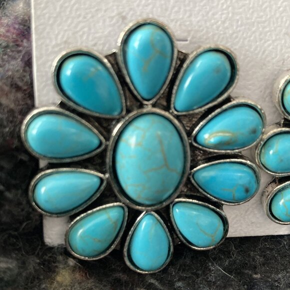 Faux Turquoise Floral Earrings large statement jewelry western southwest - Picture 4 of 8